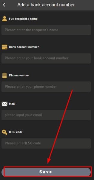 Save bank account details inside BDG Game