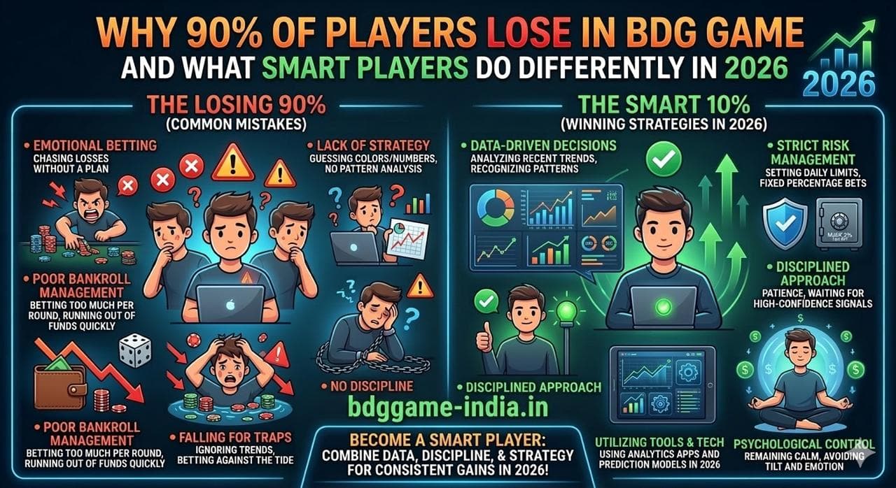 Why 90% of players lose in BDG Game and what smart players do differently in 2026. Data, discipline, strategy. bdggame-india.in