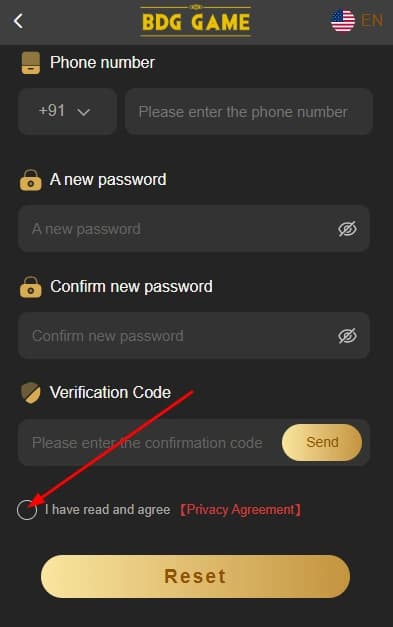 BDG Game Forgot Password - Agree to privacy policy