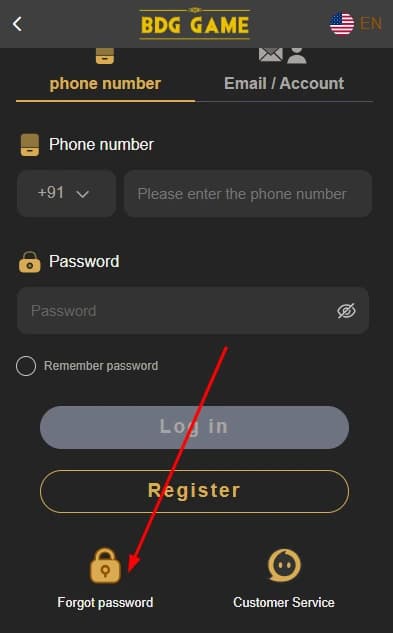 BDG Game Forgot Password - Click forgot password button