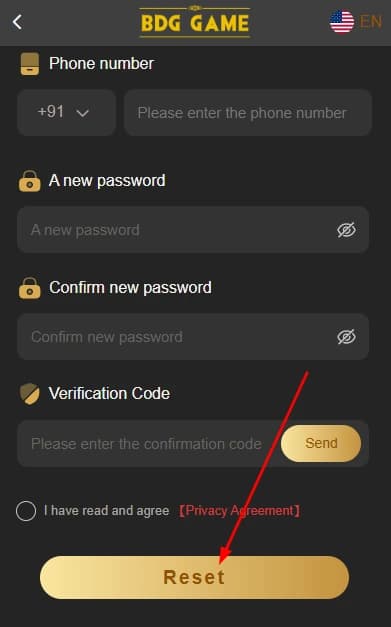 BDG Game Forgot Password - Reset password button