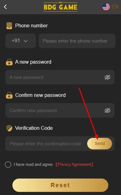 BDG Game Forgot Password - Send verification code