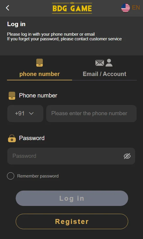 BDG Game Login - Complete login page view