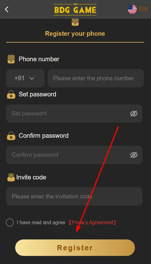 BDG Win register - click register button