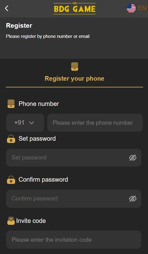 BDG Game register page view