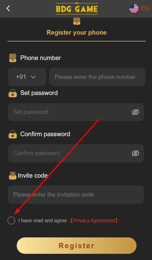 BDG Win register - privacy agreement checkbox